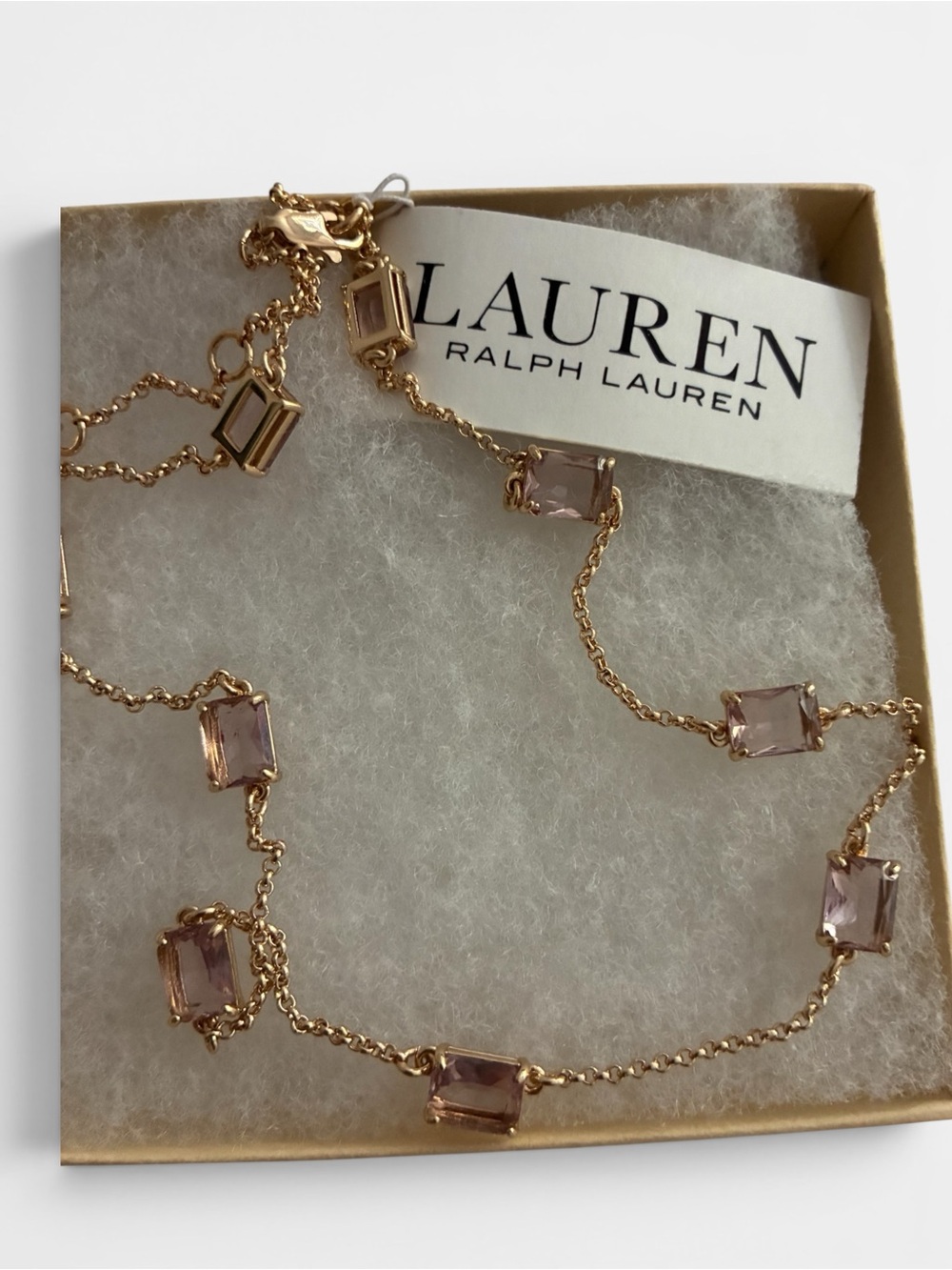Lauren Ralph Lauren Rose Gold Chain Necklace with Light Pink Crystal Stations